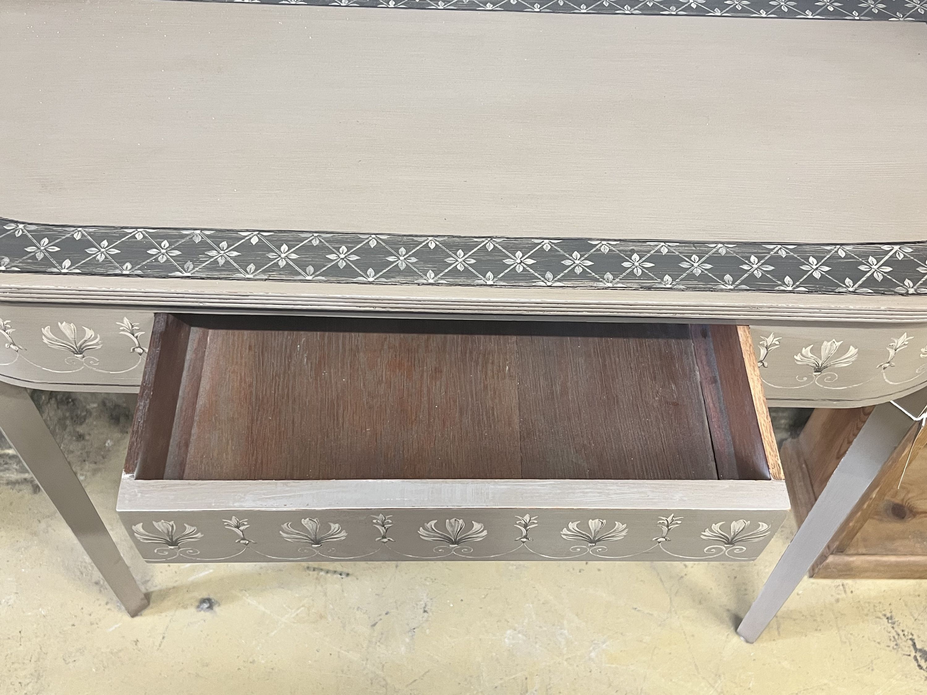 A George III design side table re-painted in a Sheraton style, width 91cm depth 38cm height 72cm